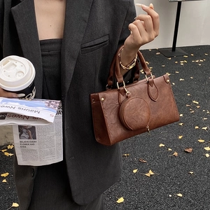 Retro brown leather square tote bag with round coin purse accessory for women's fashion