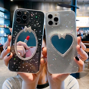 iPhone Case With Rhinestone Makeup Mirror And Bow Transparent Glitter Star Moon Sequins Luxurious Girly Protective Cover