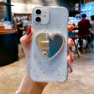 Sparkly iPhone clear case with heart mirror, glitter stars, and rhinestones for 16 Pro Max