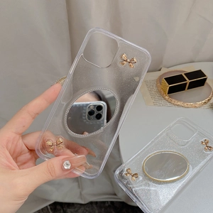 Detail der Glitzer-iPhone-Hülle mit 3D-Metallschleife und integriertem Selfie-Spiegel
