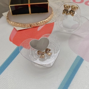 Heart Shaped Foldable Phone Grip Stand With Mirror Glitter Acrylic Resin Golden Bear Bow Decoration Cute Girly Accessory