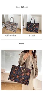 Detailed views of floral embroidery canvas tote bag in black and cream color options