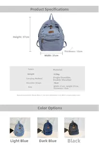 Detailed technical specifications and dimensions for denim canvas backpack showing size data