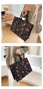 Close-up of floral jacquard embroidery on large tote bag with metallic logo charm detail
