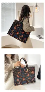 Detail of a black canvas tote with floral embroidery and bird patterns on two models
