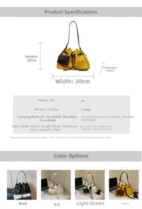 Detailed view of drawstring bucket bags in yellow, black, cream, and green PU leather