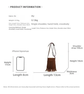Detailed dimension guide for brown PU leather tassel shoulder bag with size specs