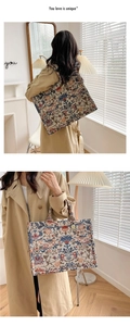 Detailed view of floral embroidery canvas tote bag with large capacity for women