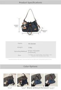 Detailed view of denim texture tote bag with dimensions and cute bear charm accessory
