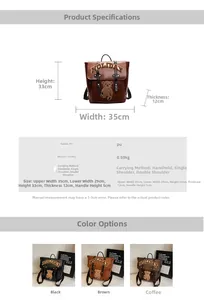 Detailed size specifications and multi-color options for vintage leather collegiate backpack