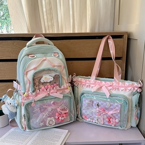 Pastel mint and white Japanese ita bag set with lace, bows, and transparent display window