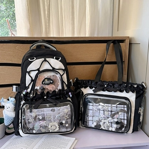 Black and white Ita bag set with transparent PVC window and plush dog keychain