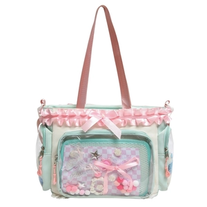 Pastel mint green and white ita bag with transparent PVC window and bow decoration