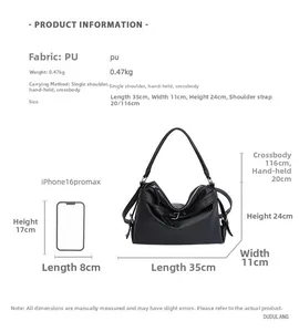 Detailed view of black PU leather tote bag with size comparison to iPhone 16 Pro Max