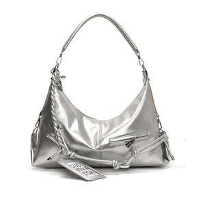 Silver large capacity hobo shoulder bag with metallic texture and woven tassel detail