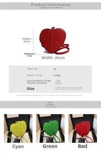 Size chart and dimensions for leaf-shaped PU leather shoulder bag in three colors