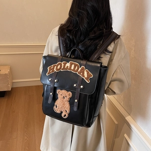 Vintage college style black PU leather backpack with teddy bear holiday embroidery