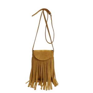 Minimalist camel suede tassel handbag with fringe detail and adjustable shoulder strap