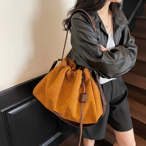 Caramel large capacity shoulder tote bag with soft pleated drawstring design for women