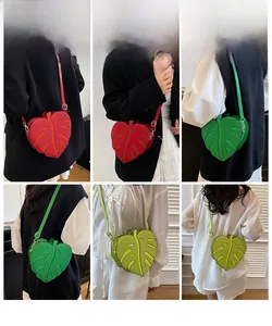 Detail shots of monstera leaf shaped crossbody bags in red and green faux leather