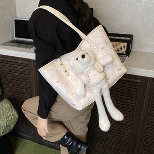 White tote bag with cute 3D plush bear and cartoon bow prints for daily commuting