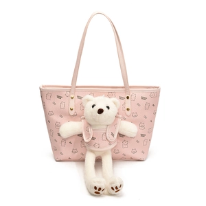 Pink faux leather tote bag with bear patterns and cute plush bear charm set
