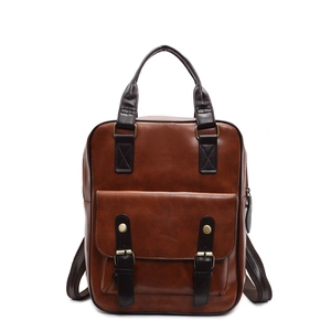 Minimalist brown faux leather multi-functional backpack with retro metallic buckles