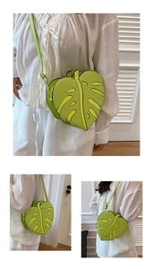 Detailed views of a creative green Monstera leaf-shaped crossbody bag with adjustable strap