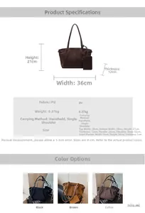 Detailed dimension chart for large suede-like tote bag showing size and capacity specs