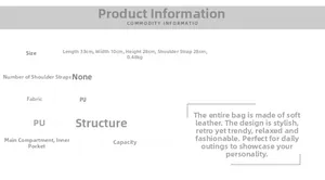 Detailed size chart of women's PU leather bag with dimensions 33x10x28cm and strap info