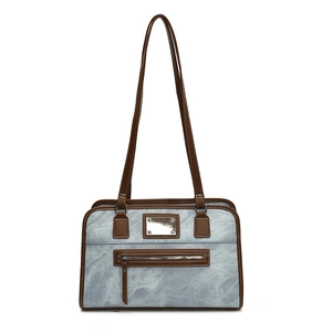 Blue marble-textured underarm bag with brown leather trim and metal zip detail