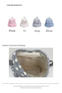 Detail view of ruffle drawstring backpack in pink leopard and polka dot pattern options