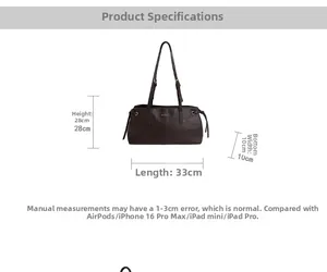 Detailed size chart of large brown PU leather tote bag with precise measurements