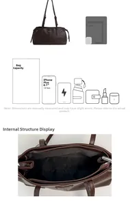 Detail view of large brown shoulder bag interior showing spacious pockets and storage