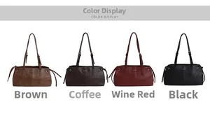 Four-color display of vintage leather shoulder bags in brown, coffee, burgundy and black