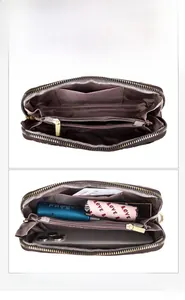 Detail view of coffee synthetic leather clutch bag showing organized internal compartments