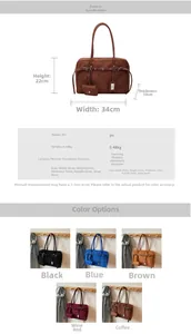 Detailed chart showing size dimensions and multiple color options for the suede tote bag