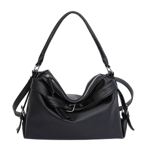Retro black lychee textured tote bag with motorcycle style and adjustable side straps