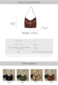 Detailed size chart and color options for large faux suede bucket bag with buckle detail