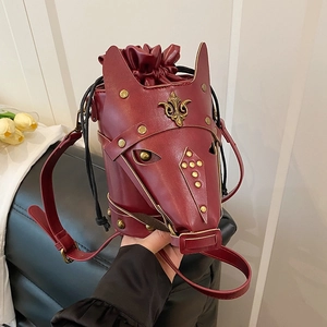 Unique horse head shaped dark red leather bucket bag with vintage rivets and crossbody strap