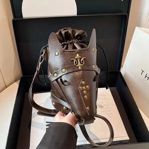 Retro horse head shaped drawstring bucket bag in dark brown leather with metal rivets