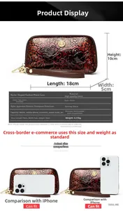 Detailed size specifications of the retro brown floral embossed wristlet with phone comparison