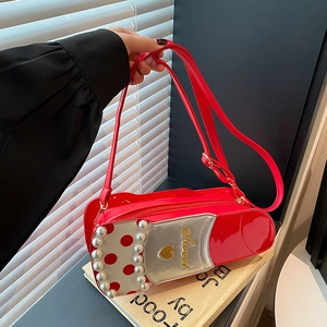 Sac bandoulière en cuir verni rouge pour femme avec perles et broderie Sweet