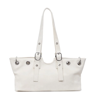 White leather Y2K tote bag with silver metal eyelets and decorative buckle straps