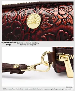 Detail of red-brown embossed leather bag with peony relief and gold metal round logo
