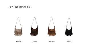 Opzioni colore per borse a tracolla boho con frange in kaki, caffè, marrone e nero