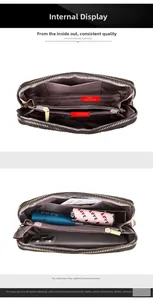 Detail view of large capacity wristlet bag showing internal compartments for phone and makeup