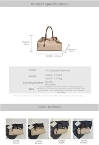 Size chart showing large and small tote bag dimensions, material info and color options