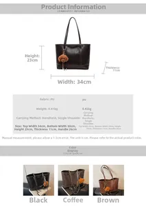 Detailed size guide and specifications for large PU leather vintage tote bag