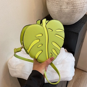Monstera Leaf Shape Women Crossbody Bag PU Leather Glitter Leaf Vein Unique Fashion Shoulder Bag For Daily Use